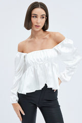 White Top Long Sleeve Square Neck Shirred Ruched Satin