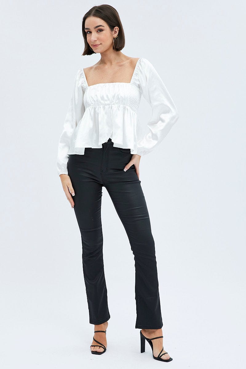 White Top Long Sleeve Square Neck Shirred Ruched Satin