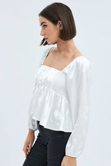 White Top Long Sleeve Square Neck Shirred Ruched Satin