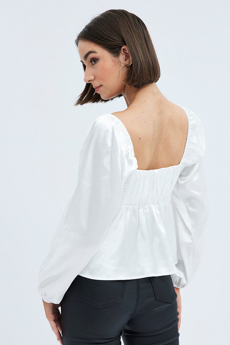 White Top Long Sleeve Square Neck Shirred Ruched Satin