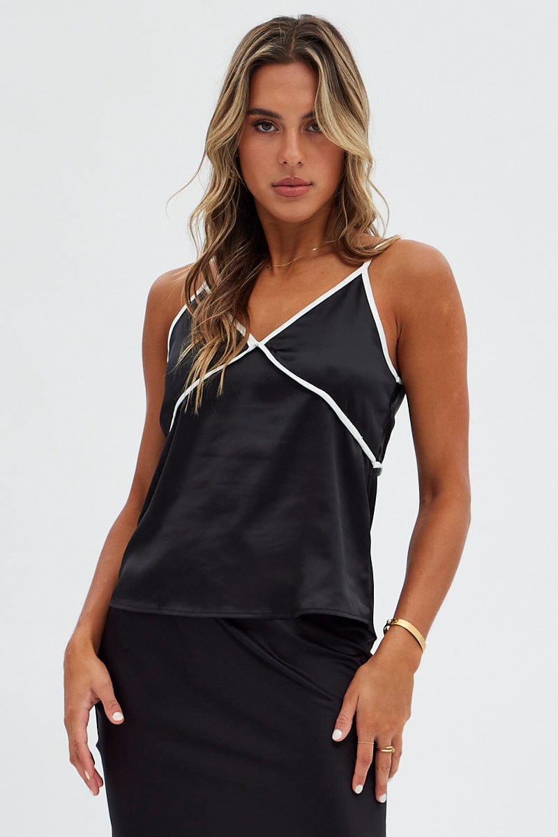 Black Contrast Cami Sleeveless V Neck Relaxed