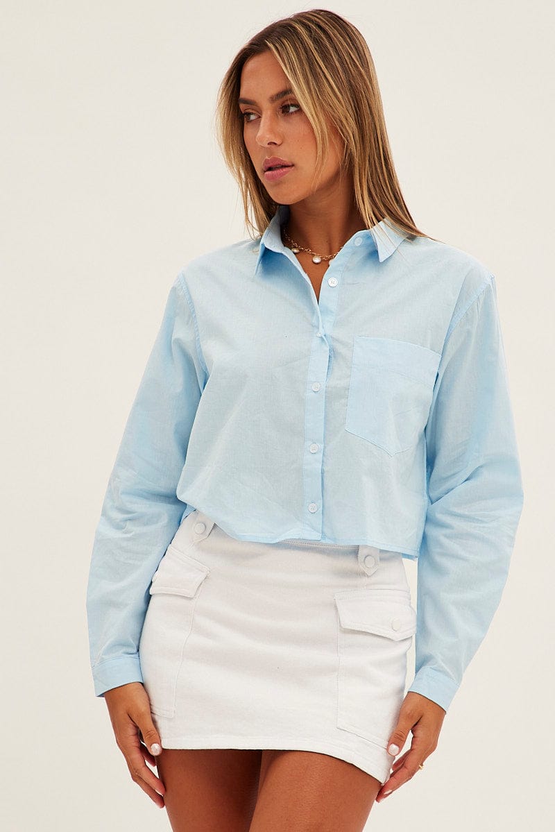 Blue Crop Shirt Long Sleeve Collared Oversized Fit