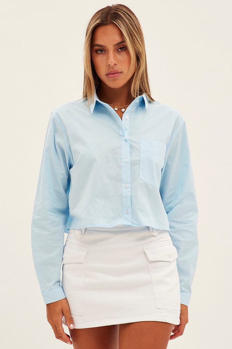 Blue Crop Shirt Long Sleeve Collared Oversized Fit