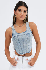 Denim Corset Sleeveless Scoop Neck Longline Stretch