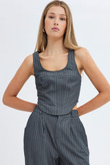 Grey Stripe Corset Top Sleeveless Scoop Neck Longline