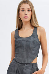 Grey Stripe Corset Top Sleeveless Scoop Neck Longline