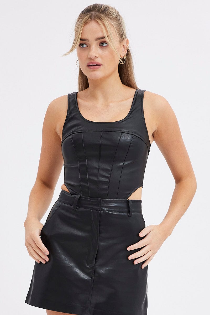 Black Faux Leather Corset Sleeveless Scoop Neck Stretch