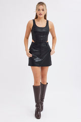 Black Faux Leather Corset Sleeveless Scoop Neck Stretch