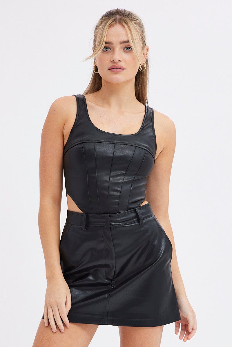 Black Faux Leather Corset Sleeveless Scoop Neck Stretch