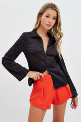 Black Shirt Long Sleeve Collared Hook & Eye Satin Crepe