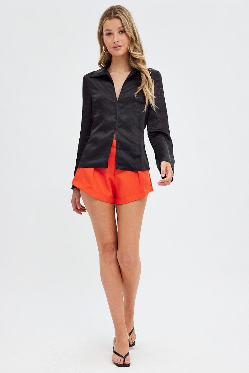 Black Shirt Long Sleeve Collared Hook & Eye Satin Crepe