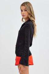 Black Shirt Long Sleeve Collared Hook & Eye Satin Crepe