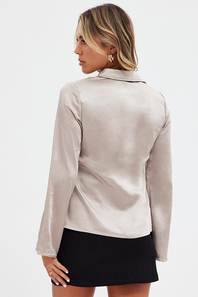 Grey Shirt Long Sleeve Collared Hook & Eye Satin Crepe