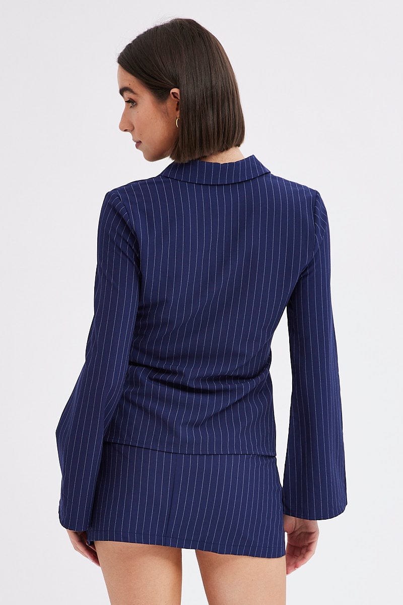 Blue Stripe Shirt Long Sleeve Collared Hook & Eye