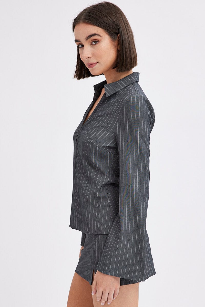 Grey Stripe Shirt Long Sleeve Collared Hook & Eye