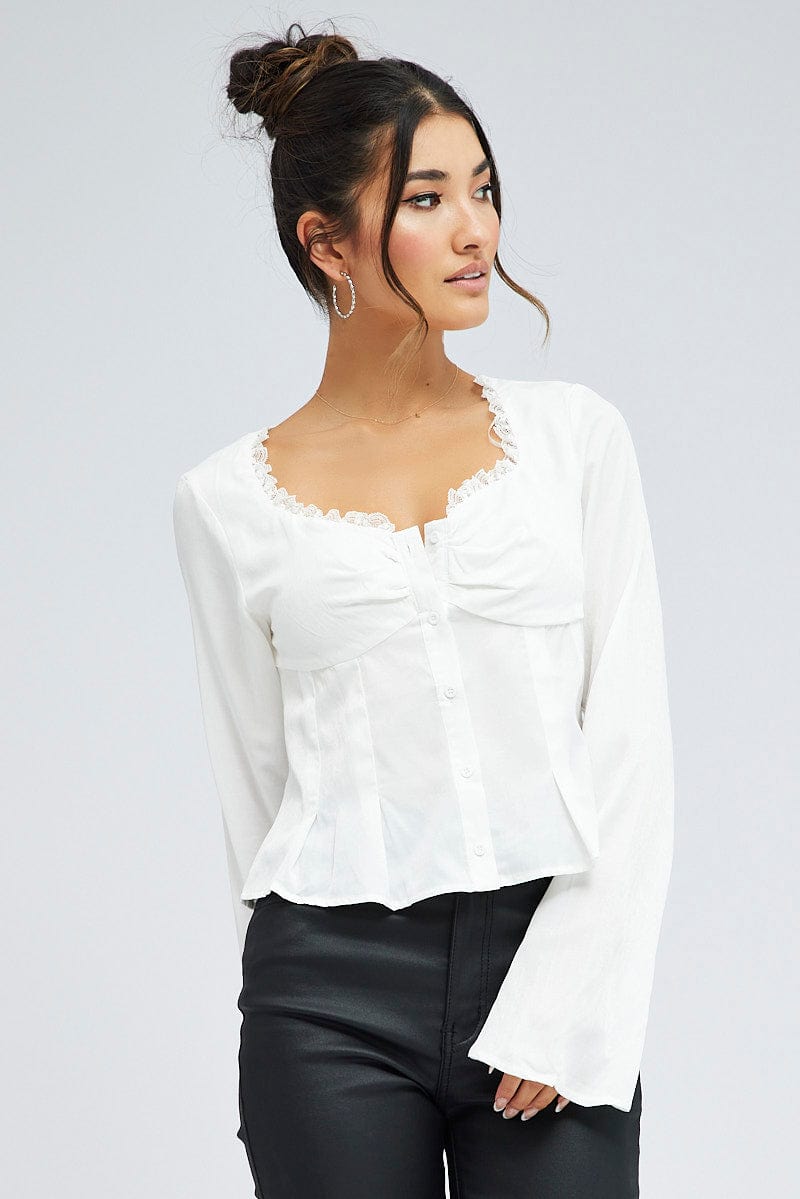 White Top Long Sleeve Sweetheart Neckline Button Up