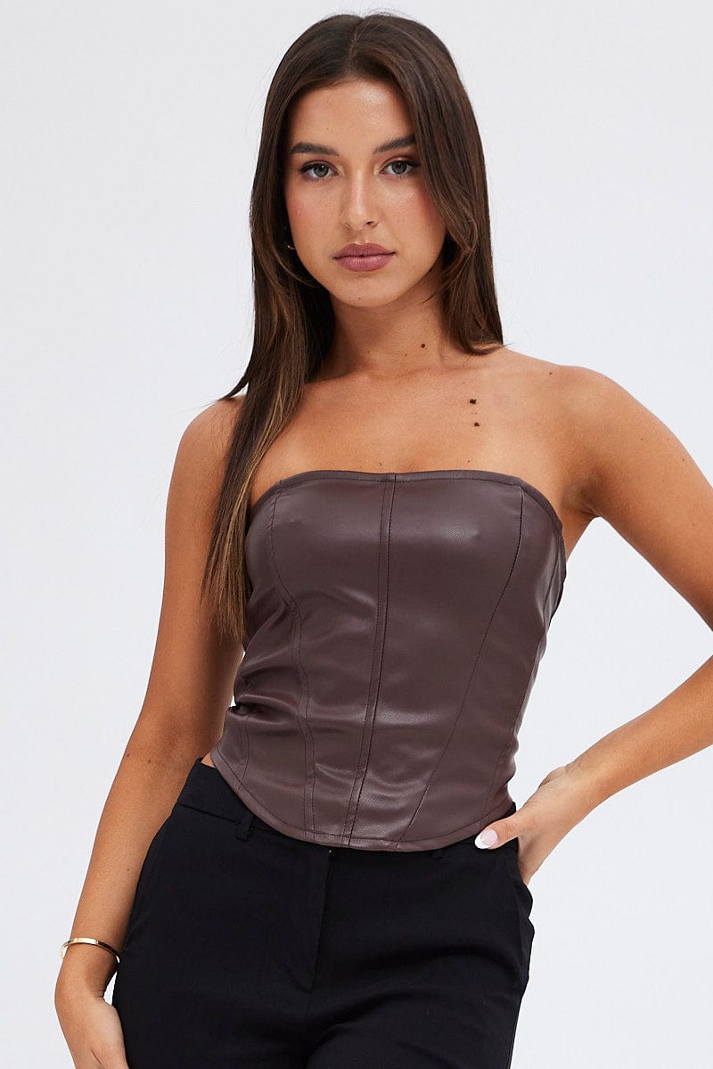 Brown Corset Sleeveless Strapless Longline Faux Leather