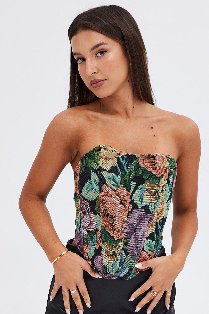 Black Floral Corset Sleeveless Strapless Sweetheart Longline