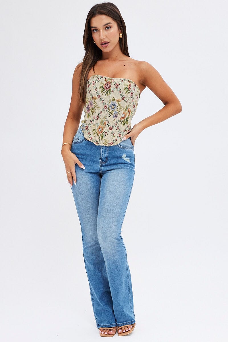 Camel Floral Corset Sleeveless Strapless Sweetheart Longline