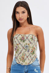 Camel Floral Corset Sleeveless Strapless Sweetheart Longline