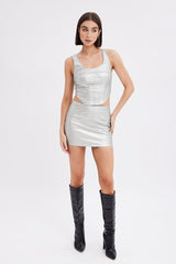 Metallic Corset Top Sleeveless Scoop Neck PU Silver