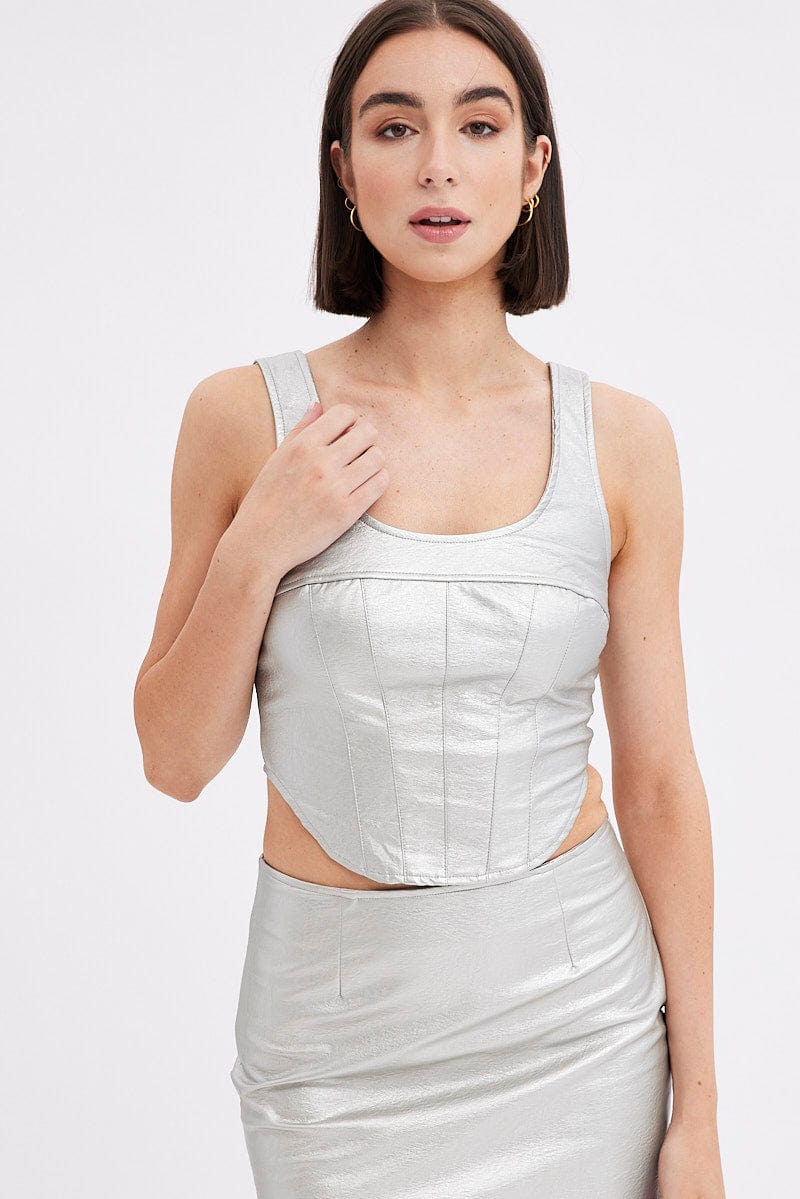 Metallic Corset Top Sleeveless Scoop Neck PU Silver