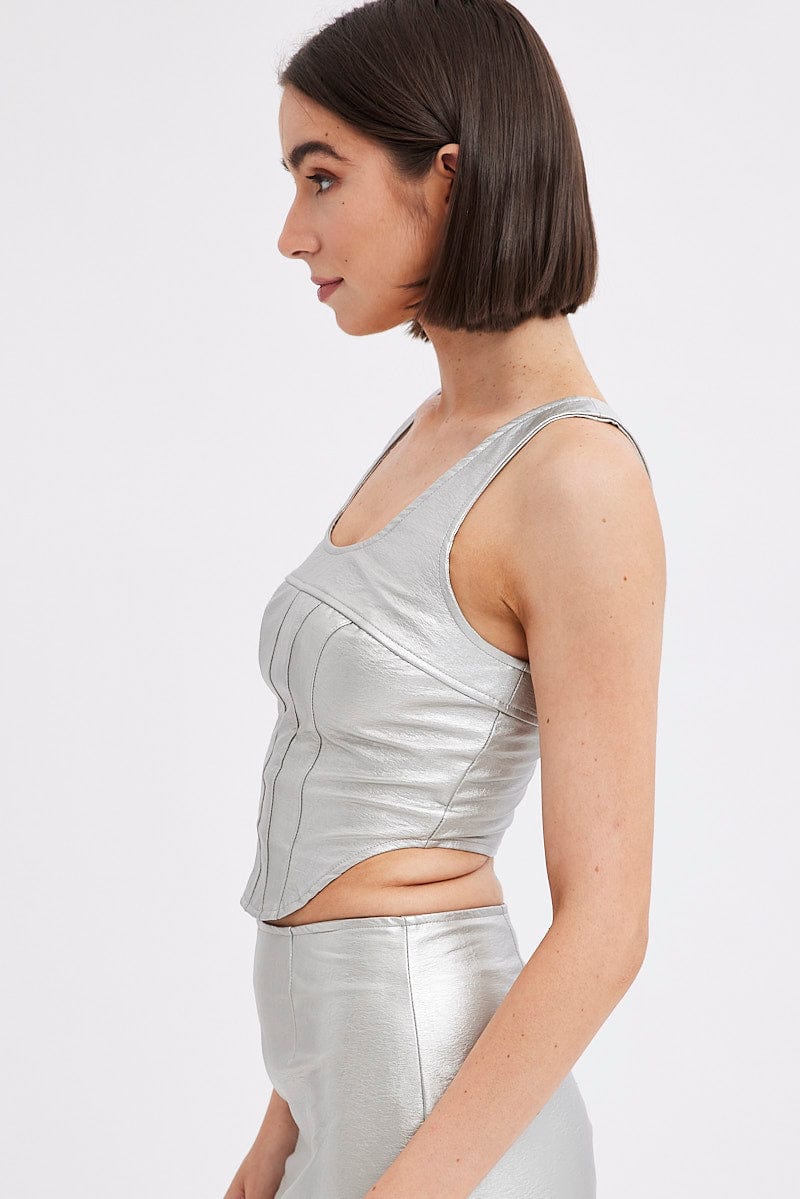 Metallic Corset Top Sleeveless Scoop Neck PU Silver