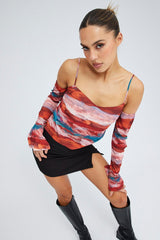 Multi Abstract Top Long Sleeve Cold Shoulder Cami Lined