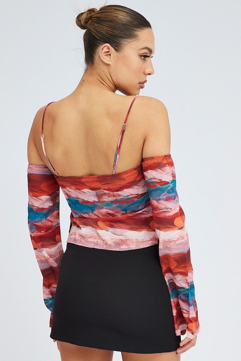 Multi Abstract Top Long Sleeve Cold Shoulder Cami Lined