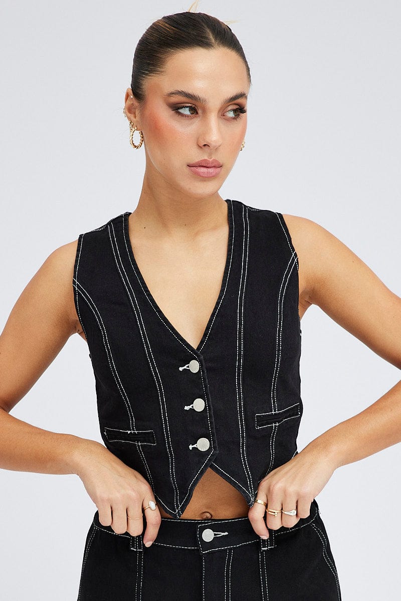 Black Vest Top Sleeveless V Neck Semi-crop Button Up