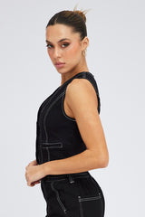 Black Vest Top Sleeveless V Neck Semi-crop Button Up