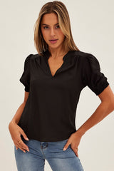 Black Top V Neck Short Sleeve Shirring Cuff