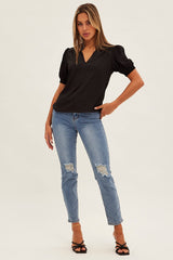 Black Top V Neck Short Sleeve Shirring Cuff