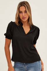 Black Top V Neck Short Sleeve Shirring Cuff