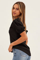 Black Top V Neck Short Sleeve Shirring Cuff