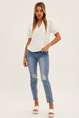 White Top V Neck Short Sleeve Shirring Cuff