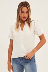 White Top V Neck Short Sleeve Shirring Cuff