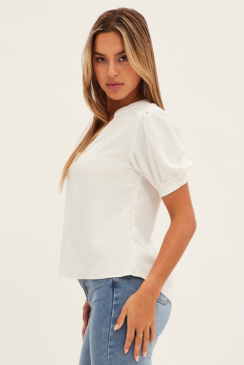 White Top V Neck Short Sleeve Shirring Cuff