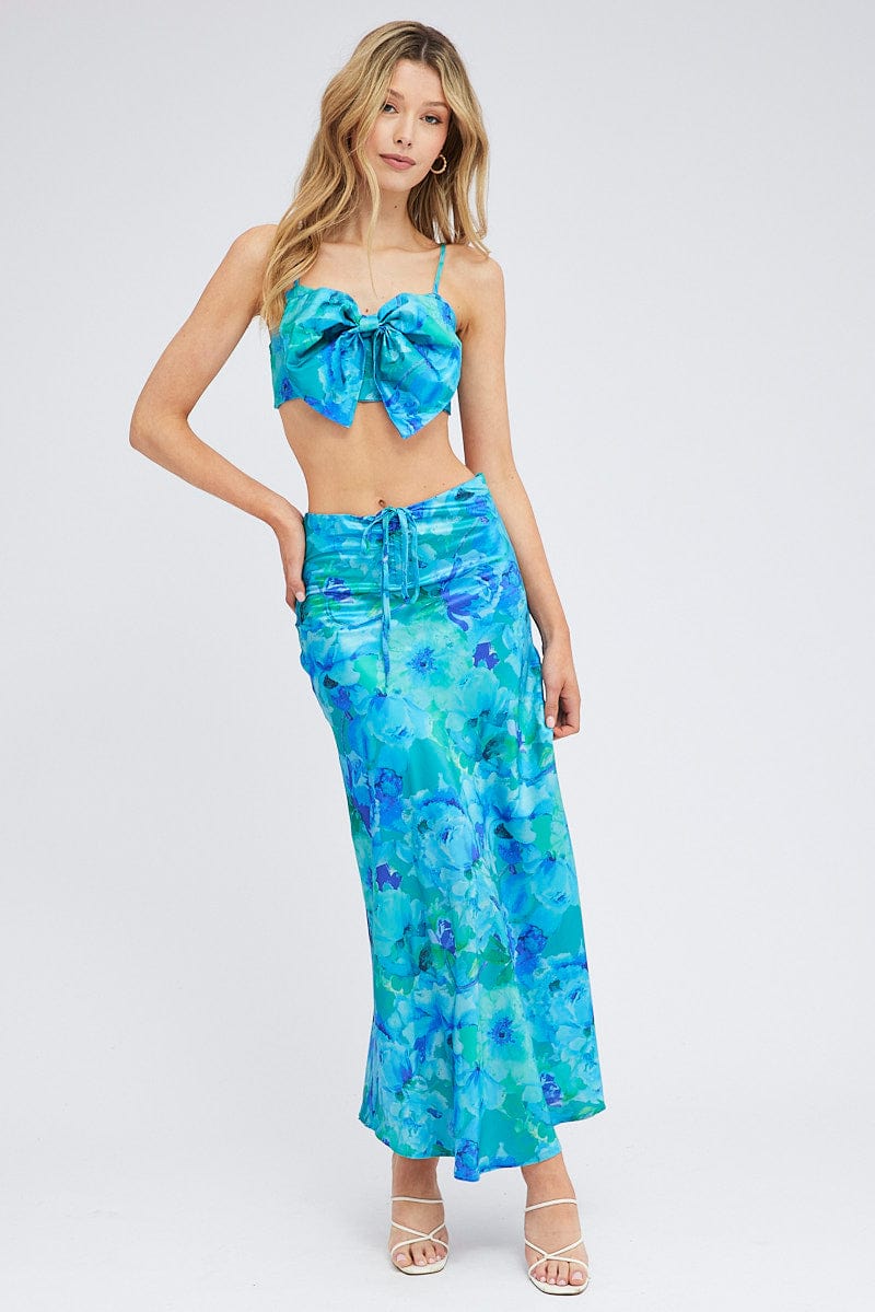 Blue Floral Bow Crop Top Oversized Strappy