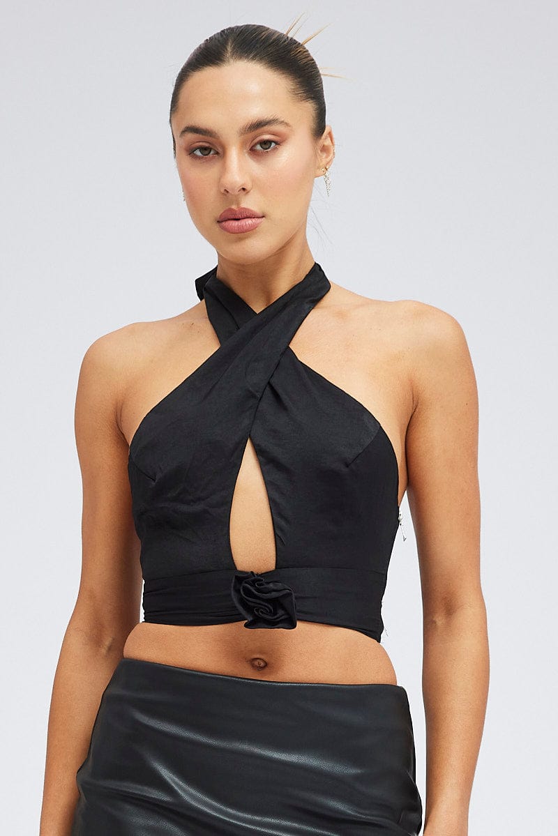 Black Rose Halter Top Keyhole Plunge Rosette