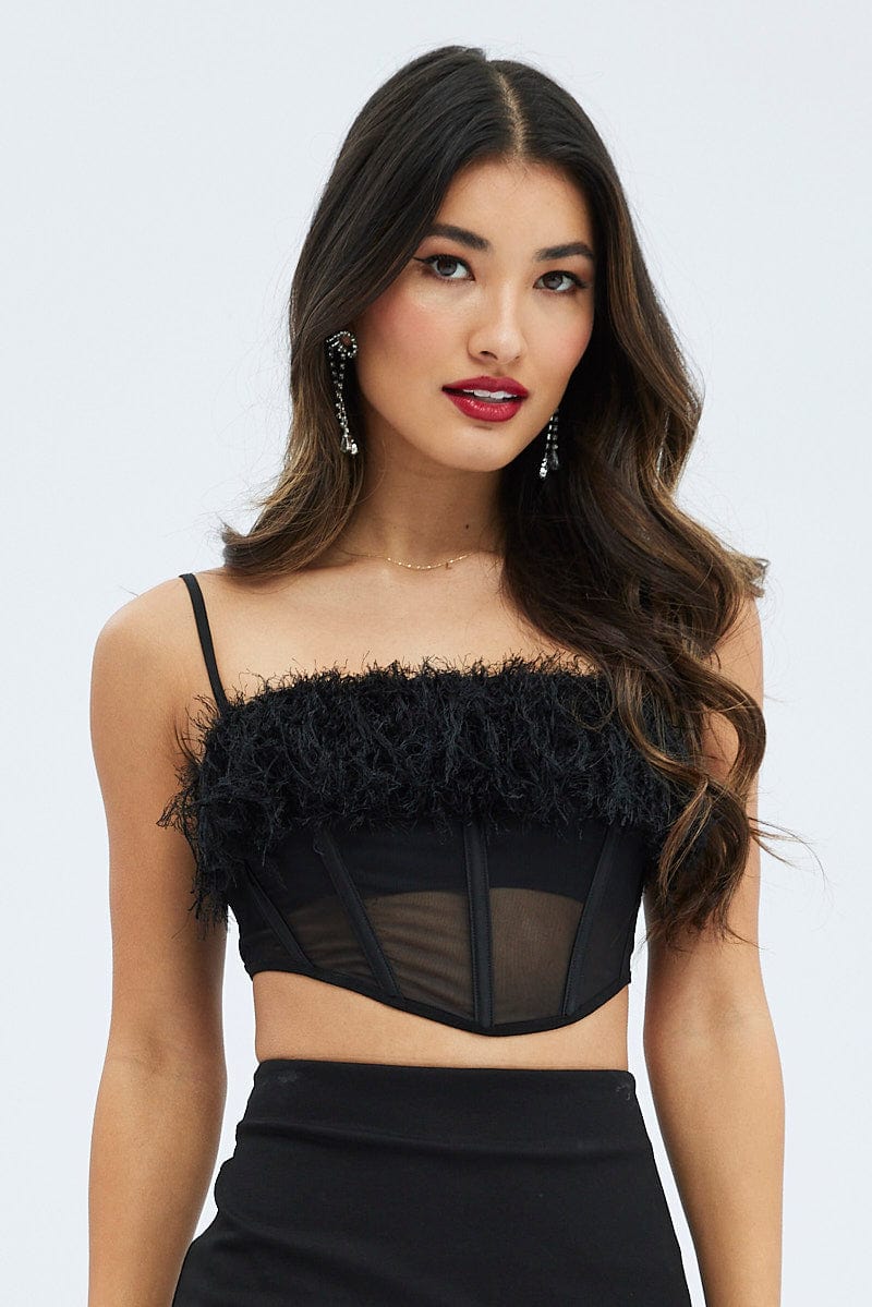 Black Mesh Faux feather corset top