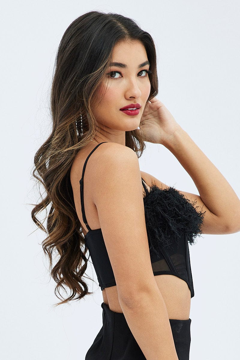 Black Mesh Faux feather corset top