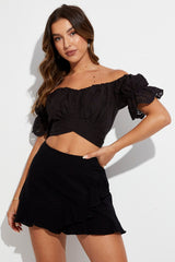 Black Crop Top Short Sleeve Tie Back Eyelet