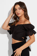 Black Crop Top Short Sleeve Tie Back Eyelet