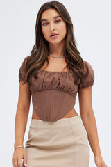 Brown Crop Top Short Sleeves Square Neck Cotton