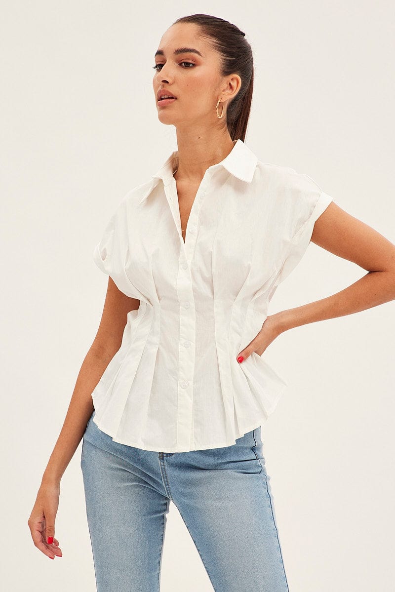 White Shirt Short Sleeve Collared Gathered Bust