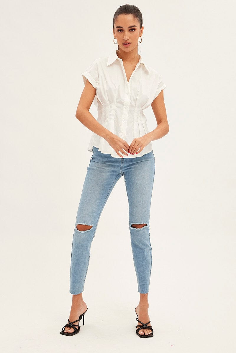 White Shirt Short Sleeve Collared Gathered Bust