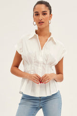 White Shirt Short Sleeve Collared Gathered Bust