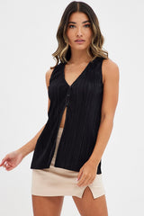 Black Top Sleeveless V Neck Buttons Details Plisse