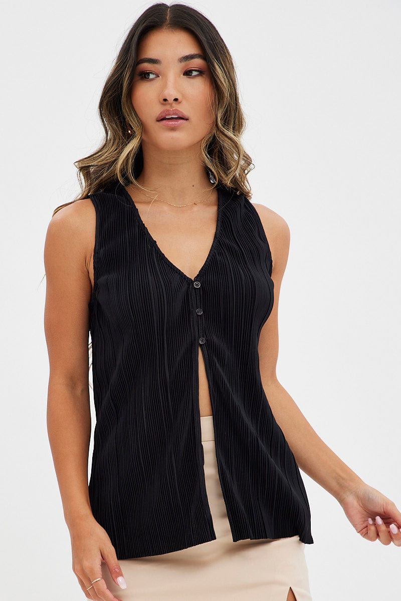 Black Top Sleeveless V Neck Buttons Details Plisse